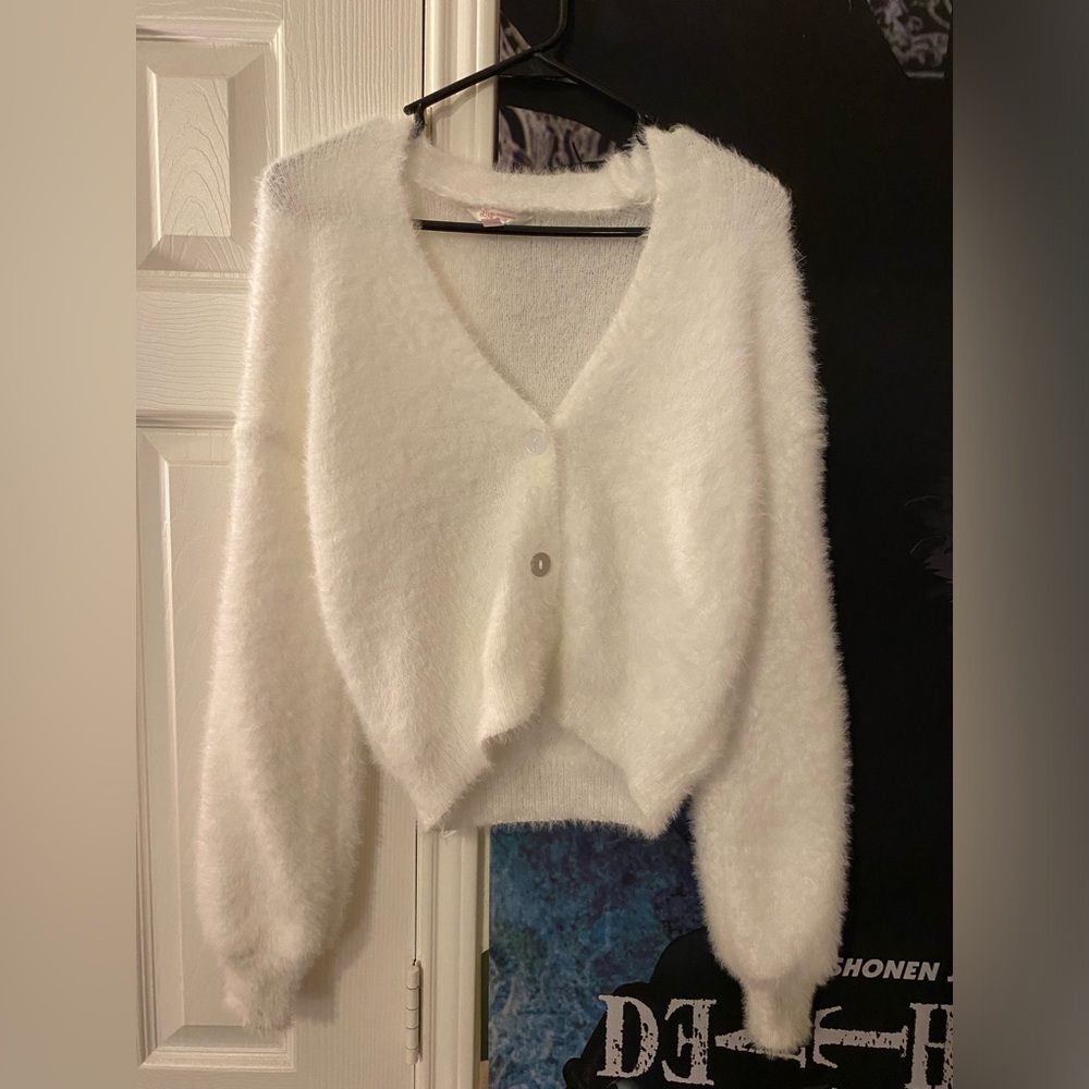 No Boundaries White Fuzzy V-Neck Button Cardigan